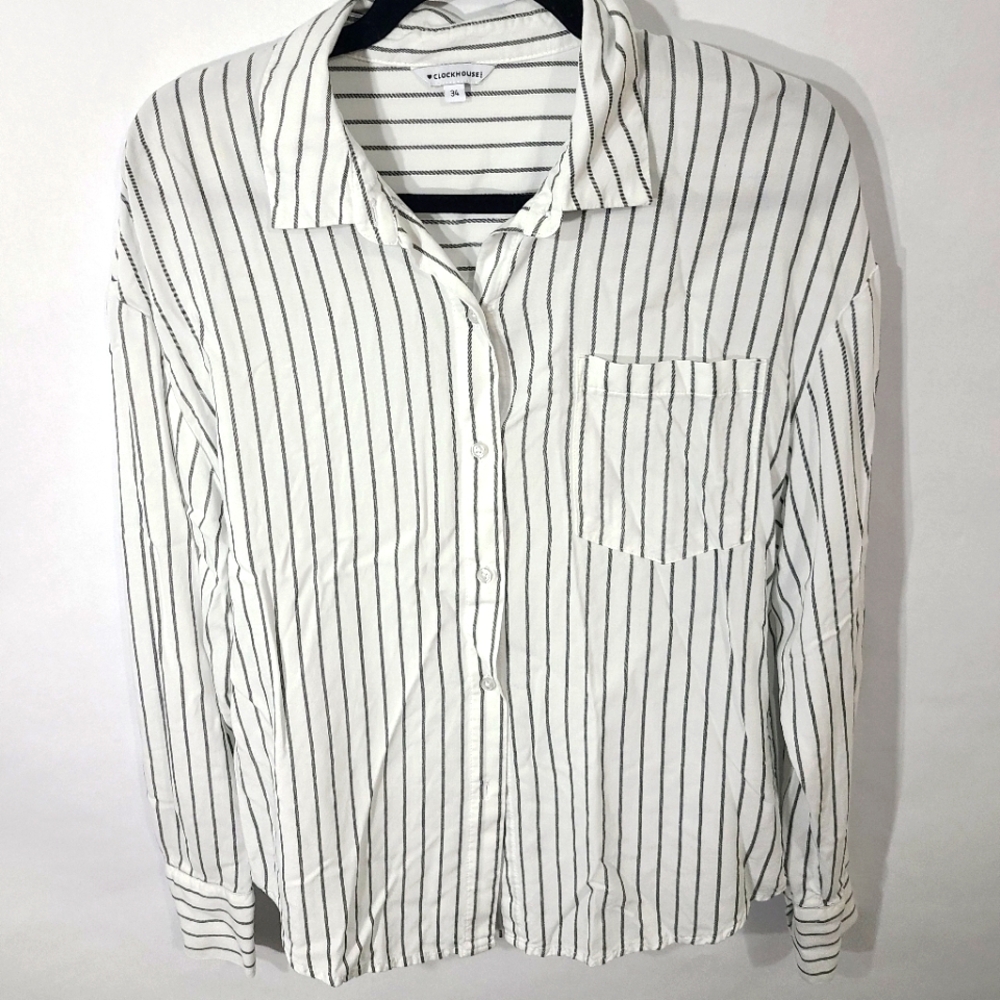 Clockhouse Women's Size 34 Button Down‎ While and Gray Striped Shirt Office